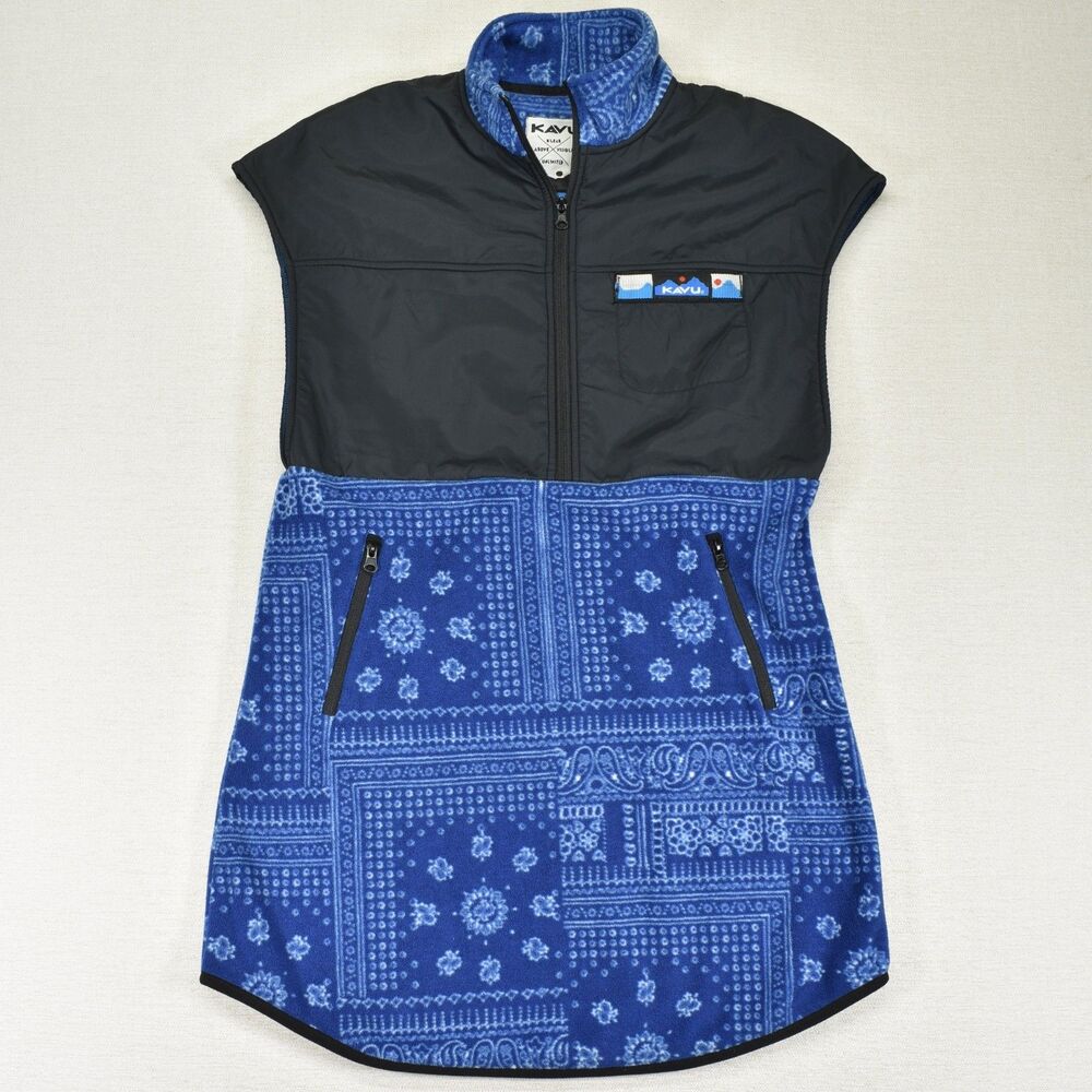 Kavu Neve Fleece Dress Womens XS Blue Bandana Patchwork Black Yoke Zip Top Vest